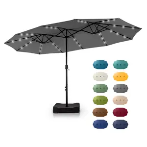 PHI VILLA 15ft Extra Large Double-Sided Patio Umbrella with Base & LED Lights - Large Steel Frame, UV Protection, Metal Base Included, Useful Crank, Grey