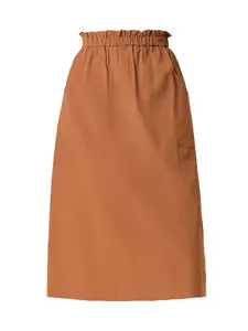 INSPIRE CHIC Cotton Elastic Waist Scrub Peasant A-Line Midi Skirts with Pockets Brown
