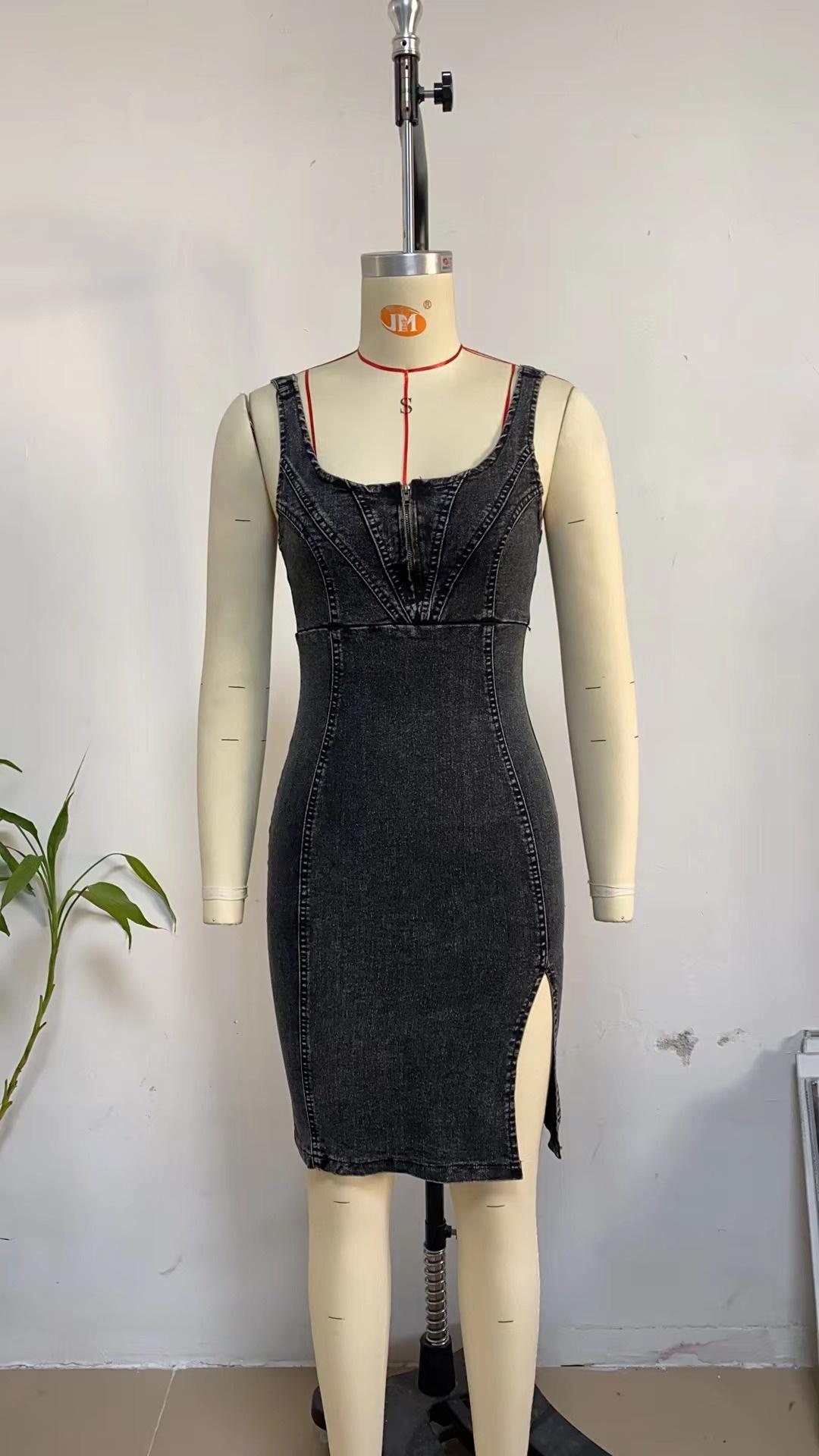 Cross-border Amazon Independent Station U-neck Sling Distressed Casual Style Denim Dress