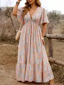 【Plus Size】All Over Boho Style Floral Print Dress, Fashion Casual Chic Vneck Dress for Daily Holiday Vacation Wear, Women Plus Clothing for Summer, Bohemian Womenswear, Boho Printed Dress