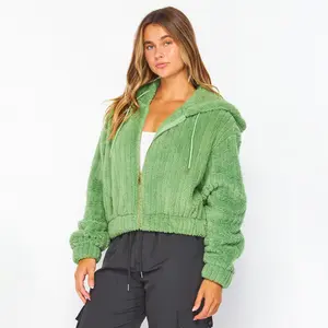 Fuzzy Ribbed Fleece Hooded Zipper Jacket Womenswear Tops Coats Long Sleeve Long