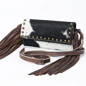 American Darling Wallet Bag Hair-On Cowhide Genuine Leather Western Purse Rivetted with Fringes and YKK Zipper