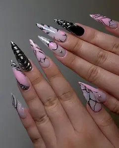 (MTO) Handcrafted Wearable Nail Art Pink & Black Gothic with Silver Chrome Fashion Hand Accessories
