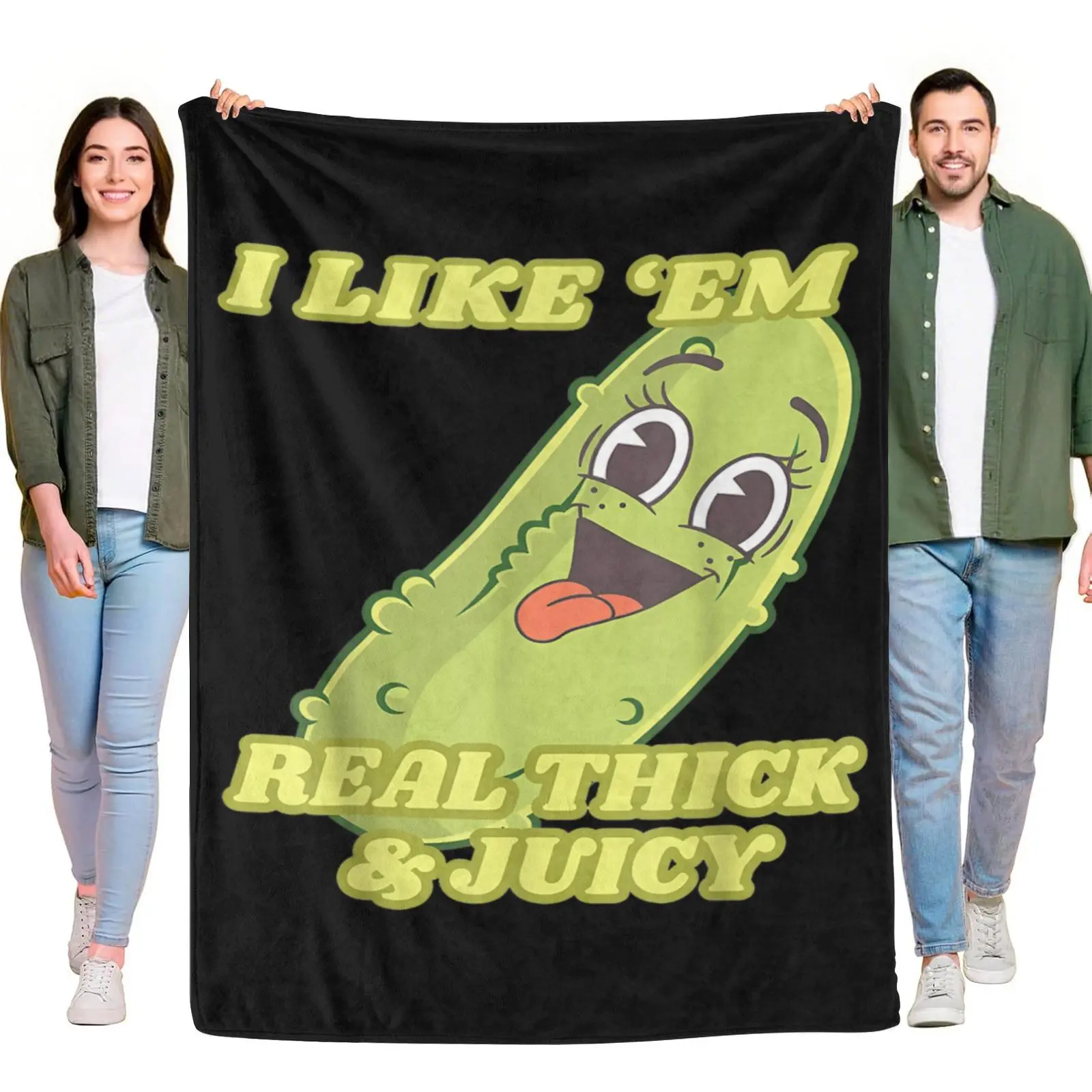 Cute Smiling Cartoon Pickle I Like Em Real Thick & Juicy Funny Cucumber Graphic Fleece Throw Blanket, Pickle Lover Novelty Cozy Blanket for Bedroom Couch