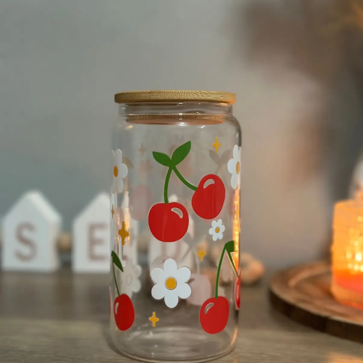 Cherries & Flowers Glass Cup