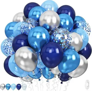 60 Pcs Blue & Silver Balloons Navy Royal Blue with Metallic Confetti, Helium Latex for Birthday Baby Shower Fathers Day Graduation