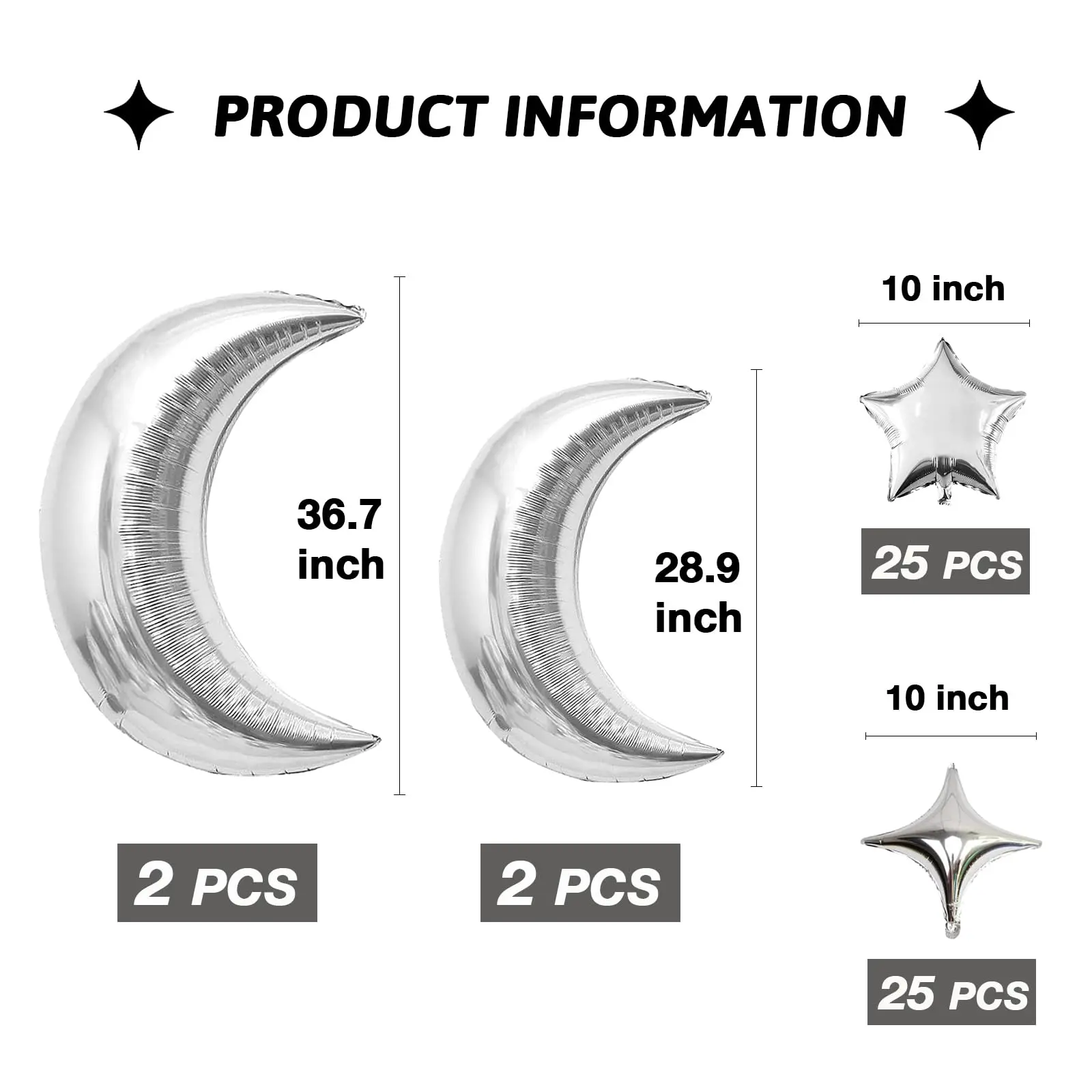 54Pcs Moon & Star Foil Balloons Set for Baby Shower Wedding Birthday Party Decoration - Silver