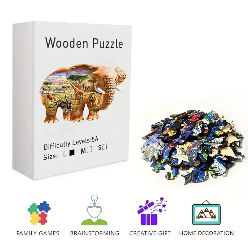 Wooden Jigsaw Puzzle for Adults & Kids - Unique Irregular Elephant-Shaped African Safari Puzzle, Challenging Brain Teaser, Artistic Home Decor Wall Art & Desk Ornament, Perfect for Stress Relief & Time Killing