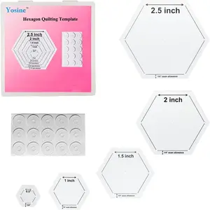Hexagon quilting template set (5 sizes) with a 1/4 seam allowance, acrylic templates ranging from 0.5 to 2.5 inches for sewing patchwork crafts