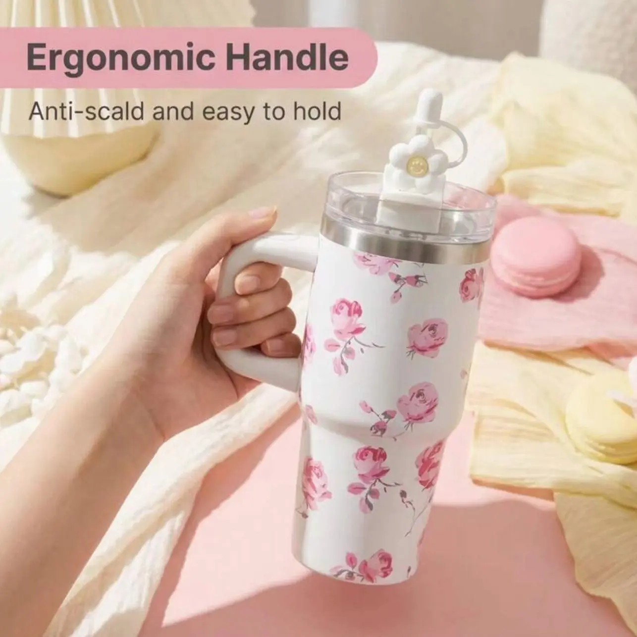 304 Stainless Steel Insulated Water Bottle With Floral Print – Large Capacity, Anti-Scalding Handle & Flower Straw Stopper, Perfect For Office, Travel, Kitchen, Home Decor, Bedroom, Wedding Gift, Casa, Hogar, Cocina