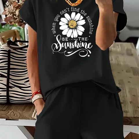 Women's Floral & Letter Print Two-piece Set Clothes, Casual Short Sleeve Tee & Elastic Waist Shorts Set, Ladies Summer Outfits for Daily Wear, Shorts Loungewear Set