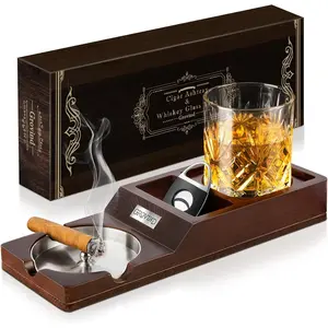 Cigar Ashtray,Wooden Ashtrays with Whiskey Glass Tray -Cigarette Holder,Cigar Accessories Set,Cigar Gifts for Men,Father's Day Gift,Outdoor Ashtrays for Patio,Ash Trays Indoor Home Decor