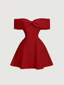 Elegant Chic One Shoulder Bow Solid Dress, Romantic Off-Shoulder Butterfly Knot, Slim Fit Party Dress, Casual Christmas Birthday