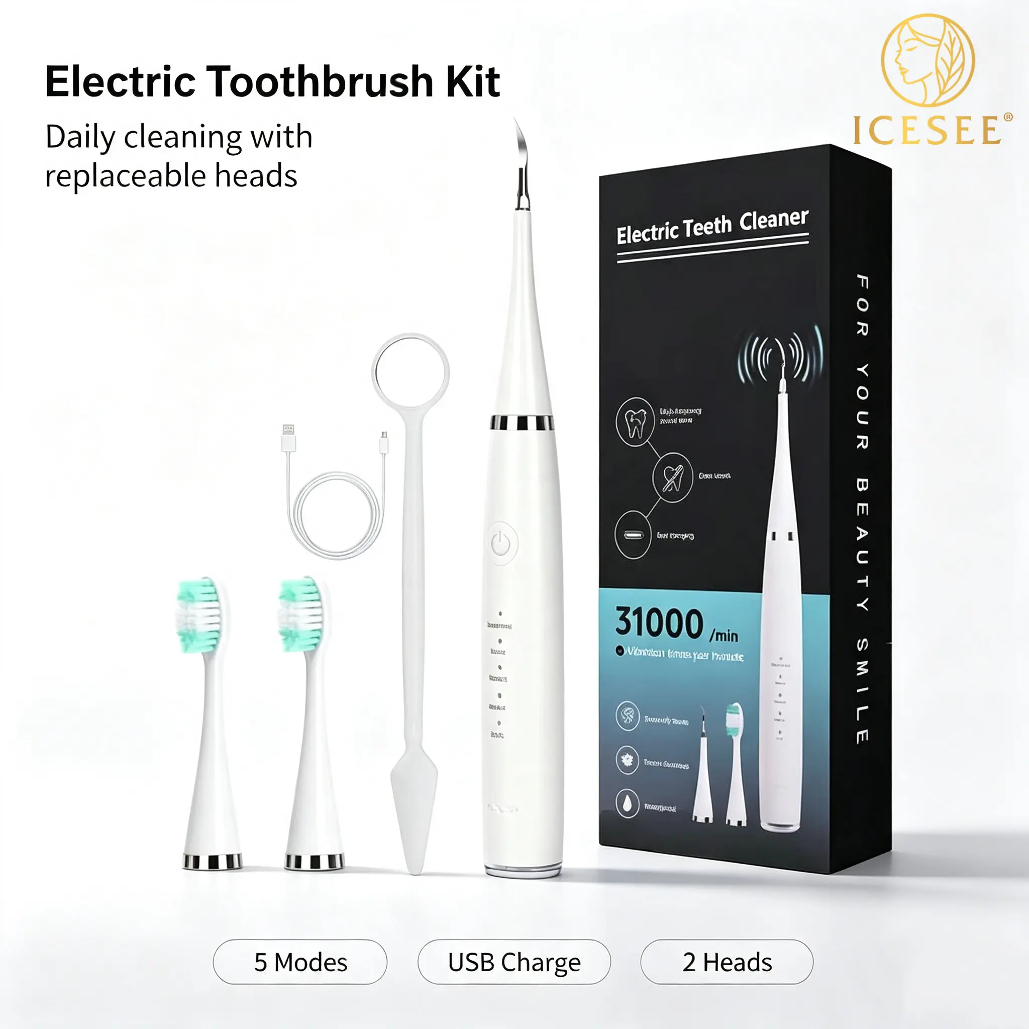 ICESEE 2-in-1 Sonic Electric Toothbrush & Tooth Cleaner Oral Care Kit - 5 Cleaning Modes, IPX7 Waterproof, Replaceable Brush Heads for Deep Teeth Cleaning