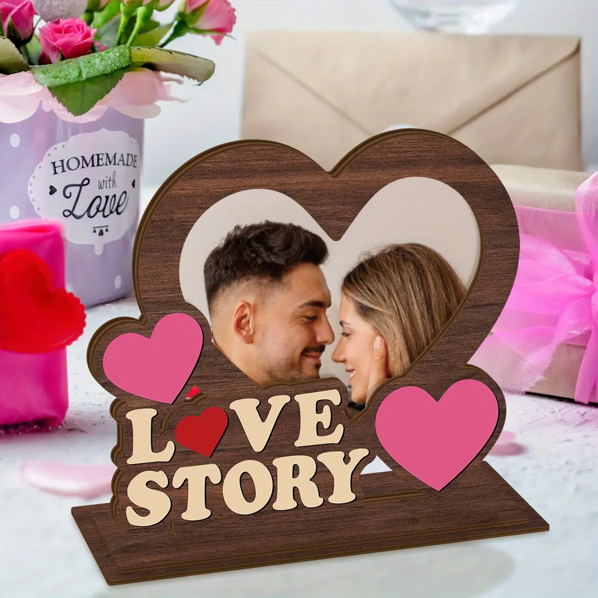"Love story" Charming Wooden Photo Frame Featuring a Heart Motif, Cozy Brown Romantic Decor for Tables, Perfect for Couples, Anniversaries, Or Weddings – A Great Gift Choice for Him Or Her