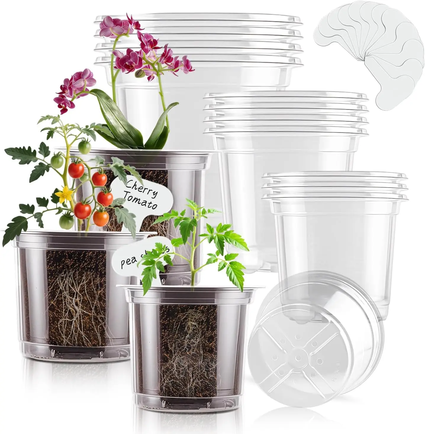Clear Nursery Pots 5/4/3.5 Inch Plastic Seed Starter Plant Flower Pot with Drainage Holes for Transplanting Succulents Cuttings Seedlings 15 Labels (12Pcs)