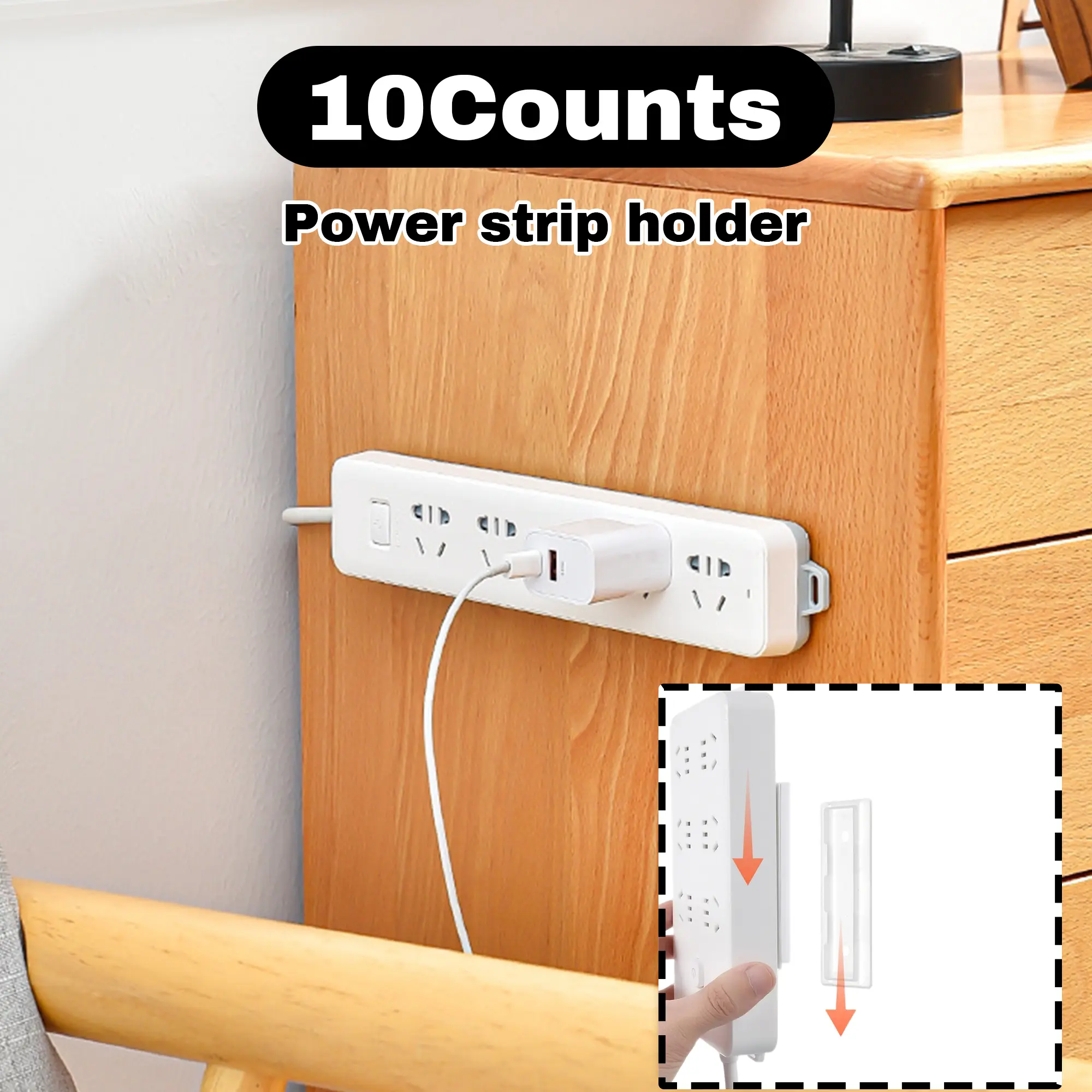 10-Count Self Adhesive Power Strip Holder Plug Holder Hooks & Rails - No-Drilling Tech Organizer Hooks & Rails, Strong Grip Adhesive, Waterproof for Damp Areas (Random Color, Kitchen/Office Use)