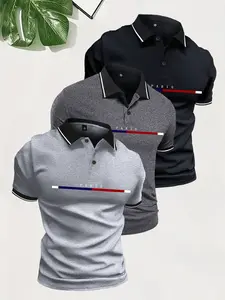 3-pack men’s summer lightweight Paris letter print short-sleeve polo shirts with button placket—fashionable casual sporty style for outings, work, golf, fishing, camping; great gift for boyfriend or husband; trendy holiday wear