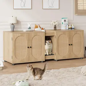 55.1" Double Cat Litter Box Enclosure with Rattan Doors, Large Storage, Litter Pad, and Cat-Friendly Design