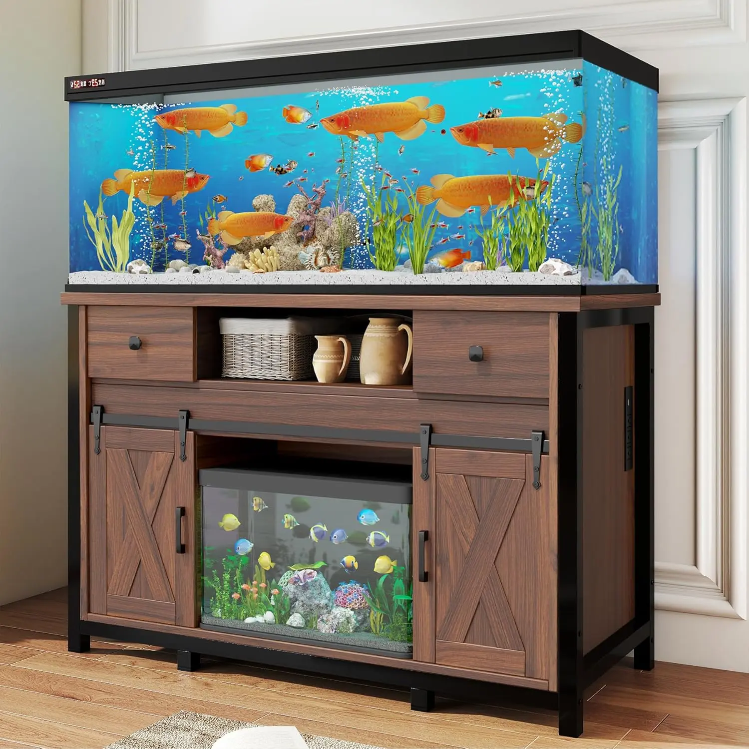 55-75 Gallon Aquarium Stand with Power Outlet, 800 lbs Capacity – Heavy Duty Fish Tank Cabinet with Sliding Barn Doors, Adjustable Storage Shelves, Rustic/Dark Brown, 47.2"