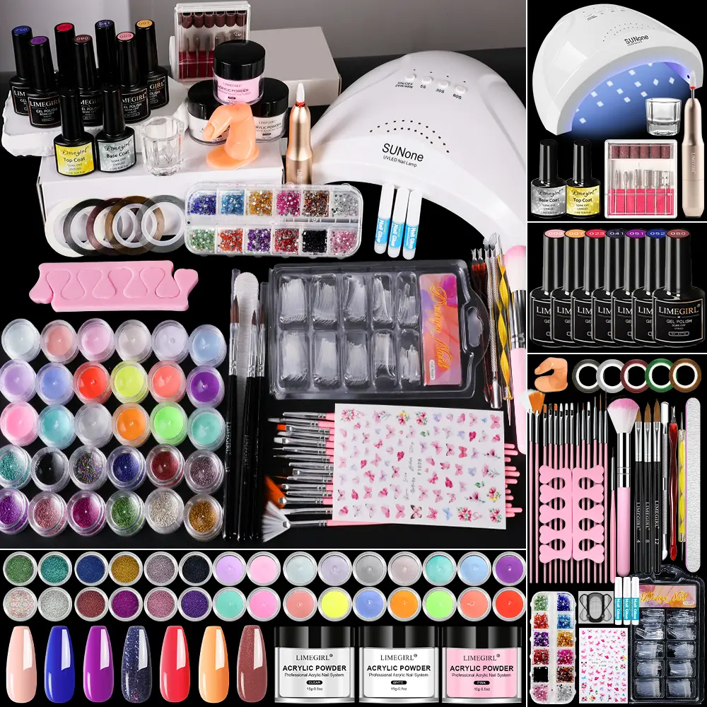 Acrylic Nail Kit for Beginners Professional Set with 30LED lamp Nude Powder Gel Polish Glitter Decorations Gift for Women Manicure