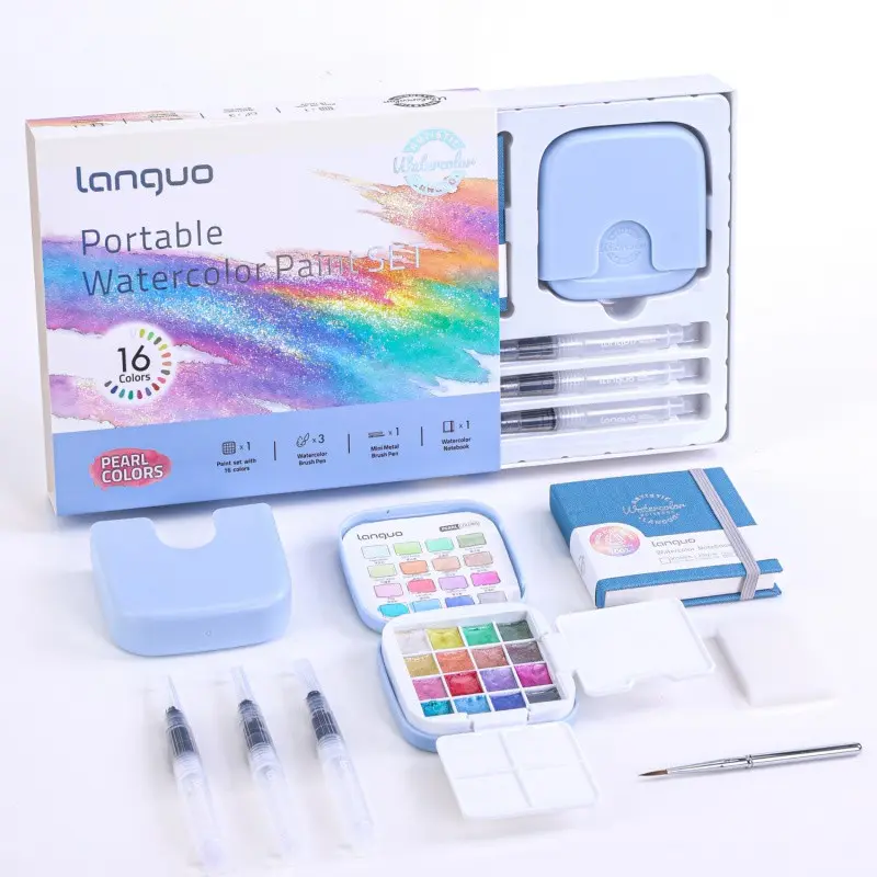 Travel Watercolor Paint Set with Gift Box, 16 Colors with Palette, Portable Art Supplies Watercolor Kit Includes Brush and Coloring Cards