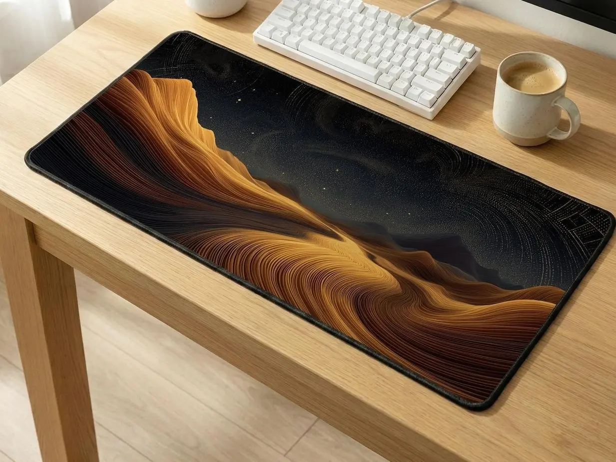Celestial Dune Desk Mat: Minimalist Desert Mouse Pad, Burnt Sienna Office Decor, Mustard Gold Keyboard Mat, Aesthetic Large Gaming Pad
