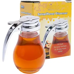 Commercial-Grade Tempered Glass Honey Dispenser, 14 Ounce Honey Jar with Metal Top, Kitchen Essential Honey Jars, Convenient Honey Container, Leak-Proof Glass Honey Dispenser (1, 14 Oz)
