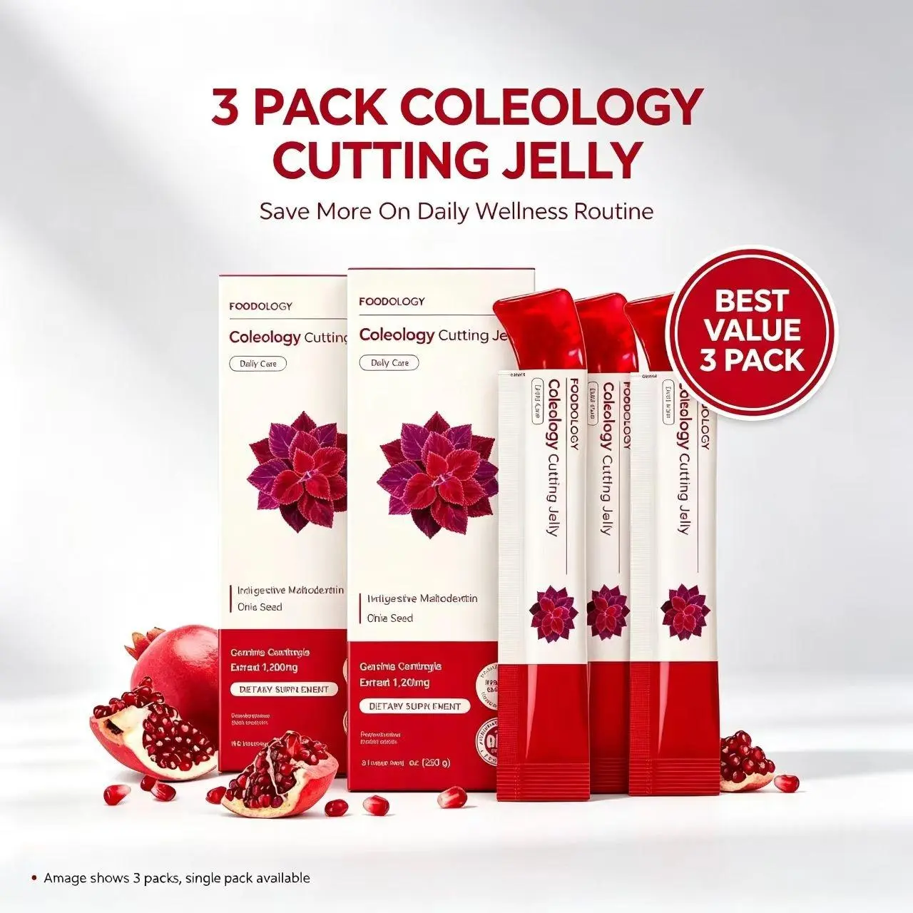 [FOODOLOGY] Coleology Cutting Jelly 30days - Garcinia Cambogia (HCA), Chia Seeds Collagen, Hyaluronic Acid, Pomegranate Flavored 8.81 oz /10 Sticks