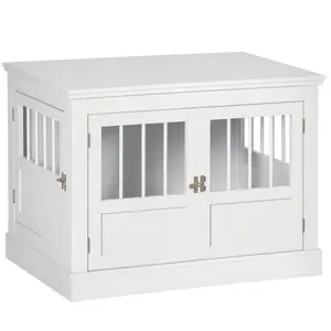 PawHut Dog Crate End Table with Triple Doors, Wooden Dog Crate Furniture Indoor Use, Puppy Crate for Small Dogs, White