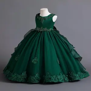 Elegant Green Princess Tulle Dress for Girls - Sleeveless, Ruffled Ball Gown with Floral Embroidery, Perfect for Weddings, Pageants, and Special Occasions, Princess Dress for Girls