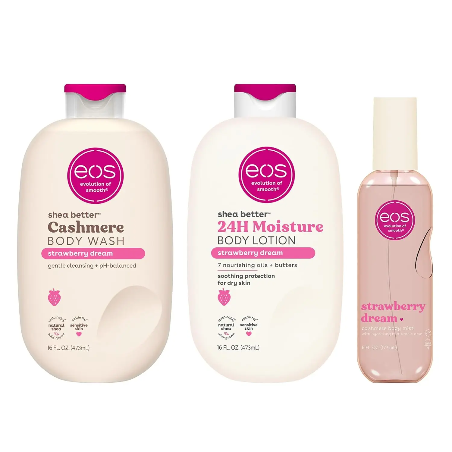 eos Essentials Bundle - Body Wash, Body Mist, Body Lotion - Strawberry Dream