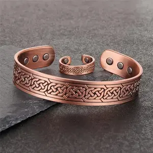 Copper Magnetic Cuff Bangle and Ring Set for Men with Powerful Magnets Adjustable Wristband Grid Design Pure Copper Fashion Accessory Gift Casual Trendy Jewelry