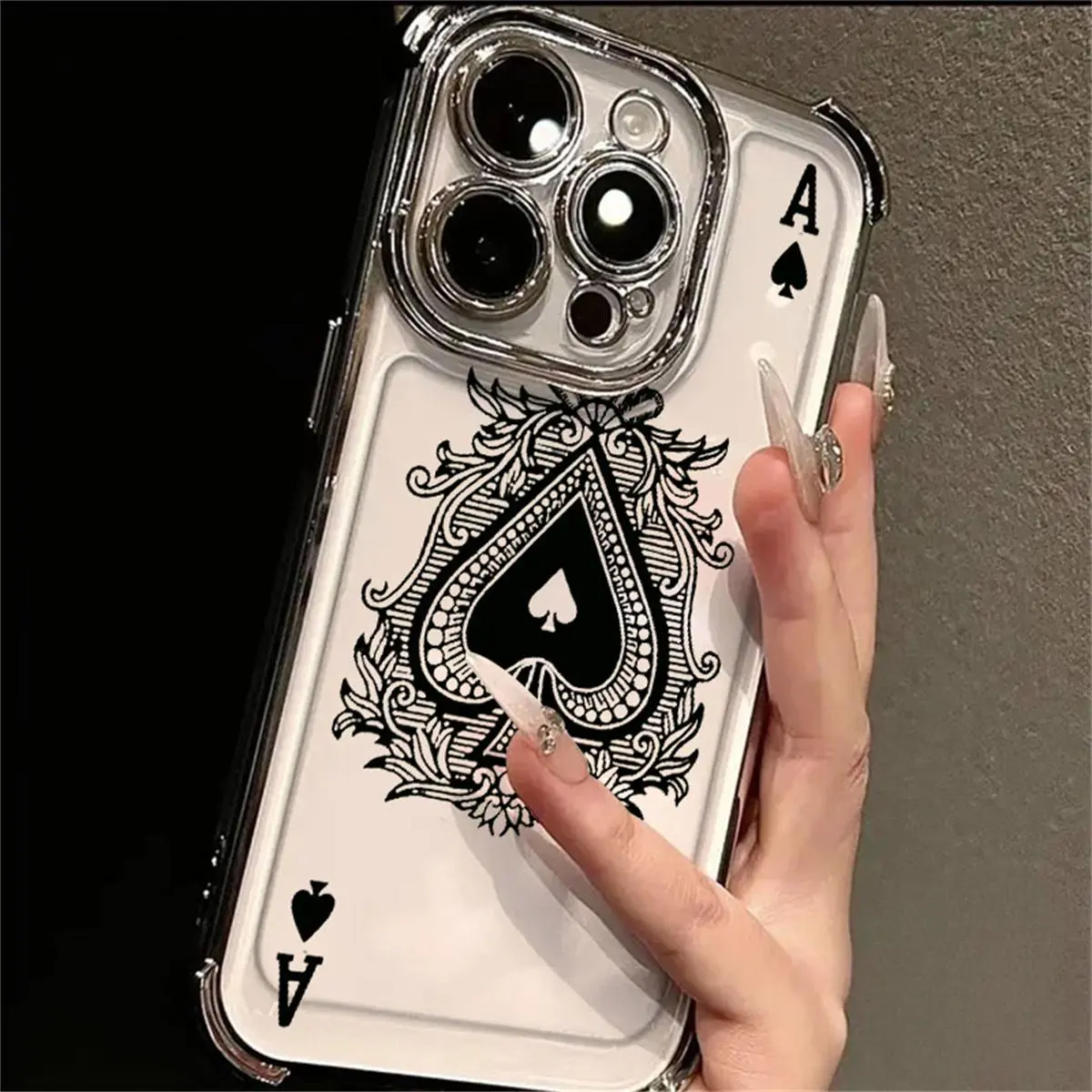 Baroque Ace of Spades Phone Case, Monochrome Playing Card Art Clear Bumper Cover for iPhone 17 16 15 14 13 12 11 X Plus Pro Max, Poker Lover Gift
