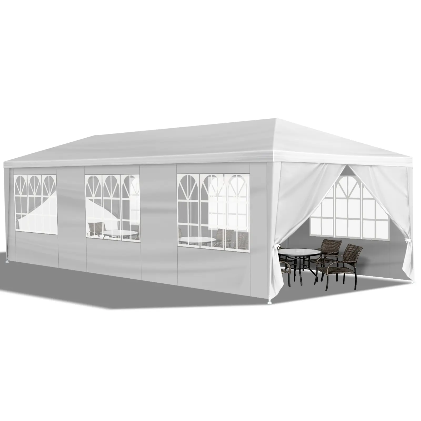 10×30ft Waterproof White PE Iron-Frame Outdoor Party Shelter Gazebo, Patio Backyard Canopy with 8 Removable Sidewalls for Weddings & Events