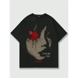 Men's regular fit star shaped and figure printed round neck T-shirt, summer casual street wear short sleeved T-shirt, fashionable men's top for daily wear, casual style patternRAIMENTRY