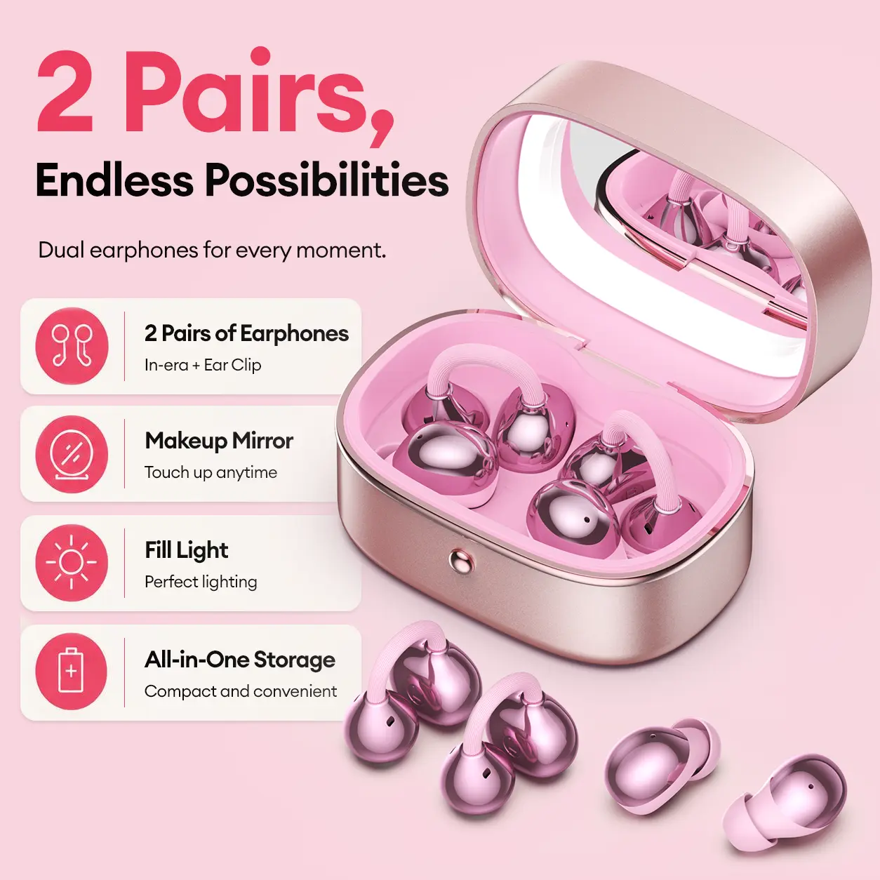 M195 Fashion 2-in-1 Wireless Earbuds with Removable Butterfly Earrings, One Case Includes In-Ear & Clip-On Earbuds, Jewelry Box Design with Mirror & Fill Light, Bluetooth 6.0, Hi-Fi Sound, IP67 Waterproof, Stylish Gift for Women & Girls