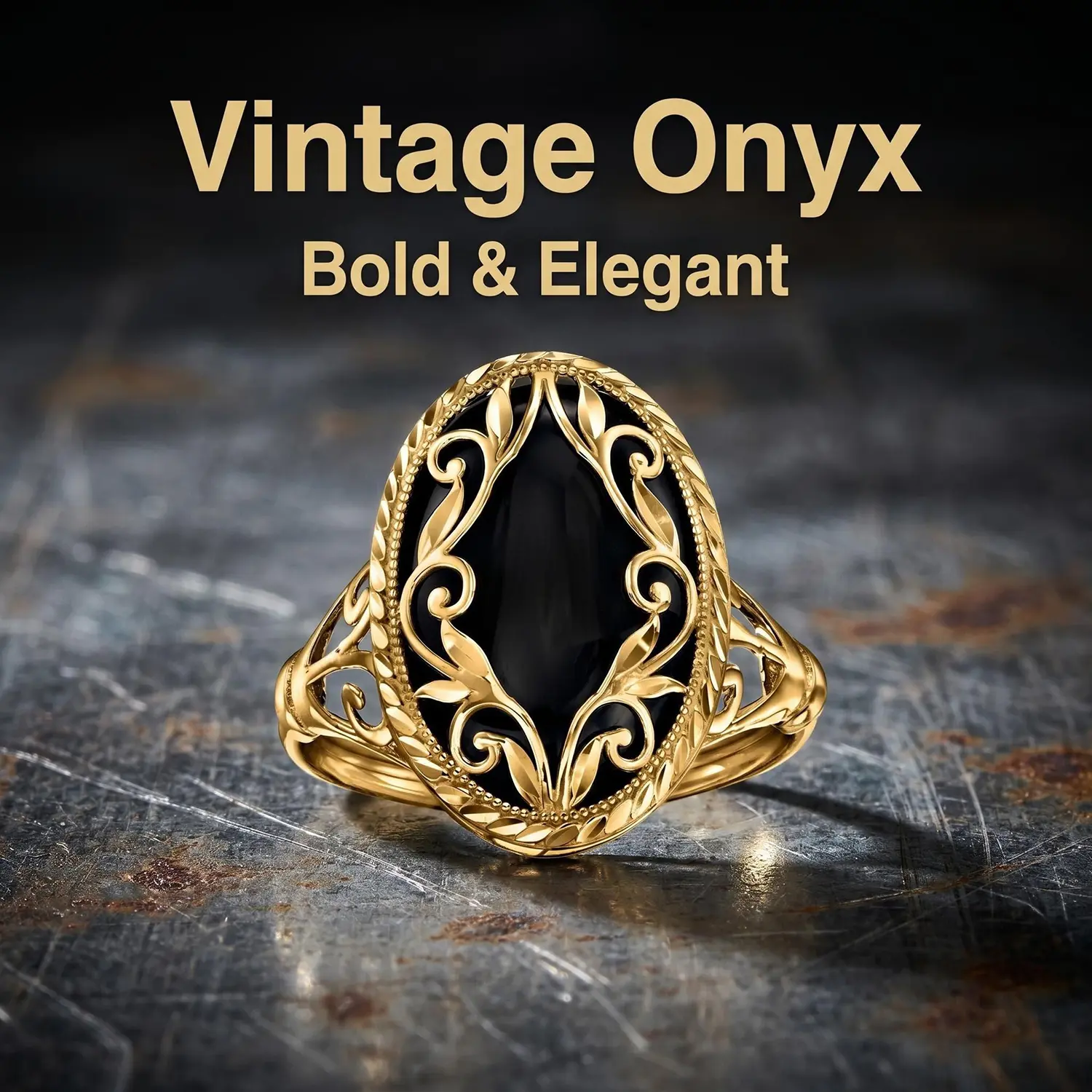 Vintage Openwork Filigree 14K Gold-Plated Synthetic Black Onyx Ring, a women's ring perfect for everyday wear and vintage-themed parties