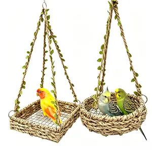 Natural Woven Bird Swing Toy - Hanging Grass Parrot Hammock Bed with Metal Mesh Bottom & Hooks, Bite-Resistant Cage Perch for Cockatiels, Parakeets, Conures, Lovebirds
