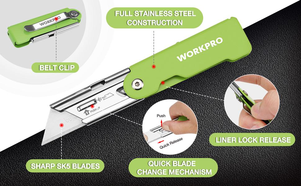 #SpringGlowUp WORKPRO 3-Pack Folding Utility Knife Set, Quick Change Blade Box Cutter, Razor Knife with Belt Clip, 10 Extra SK5 Blades for Cartons, Cardboard and Boxes