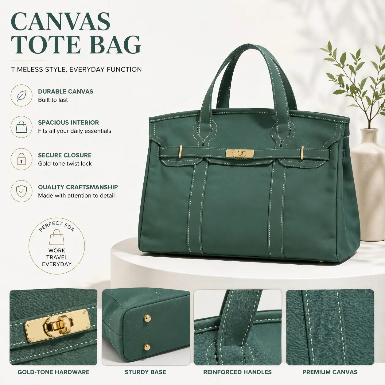 Women’s Large Premium Canvas Tote - Twist Lock Closure, Casual Shoulder Bag, Fashionable Casual Everyday Work Bag, Spacious Durable Sports & Outdoor Gym Accessory (Pink & Green)
