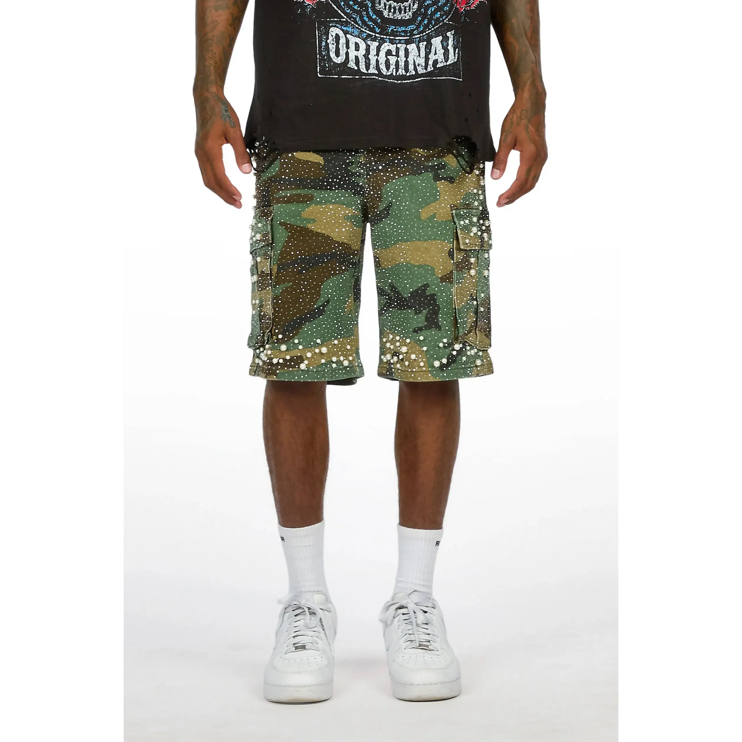 Sevyn Faded Camo Rhinestone Denim Short