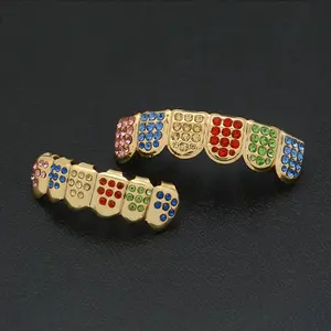 2 pcs/set Men'S Hip-Hop Style Synthetic Synthetic Diamond Grills - 6-Tine Vampire Teeth Jewelry, Golden-Tone with Colorful Faux Gemstones, Bold Edgy Accessory for Casual Attire, Stylish Dental Accessories |   Bold Fashion Statement