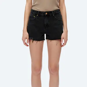 HIGH RISE BAND LESS DENIM SHORTS BLACK Comfort Crop Fabric Fit Women swear Stretch Womenswear Bottom Overall Style Twist Basic Minimalist