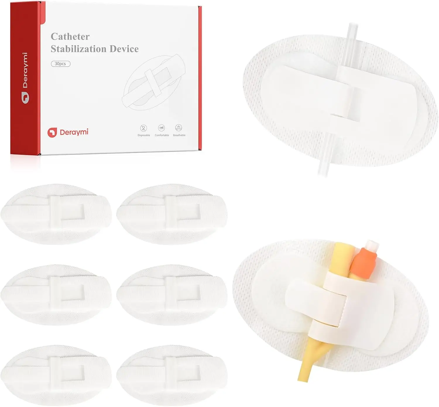 30 PCS Catheter Stabilization Devices, Foley Catheter Supplies Device Sticker, Urinary Leg Bag Legband Holder Sticker, Self Adhesive Catheter Tube Holder for PEG/G/Feeding Tube（White）