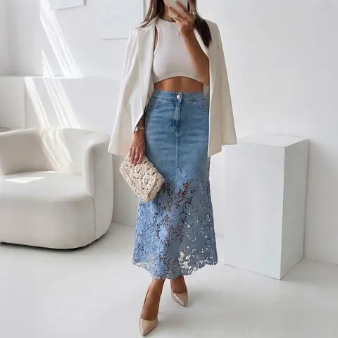 CHICME Women's High-Waisted Guipure Lace Spliced Denim Skirt - Floral Fabric, Zipper, Button Detail, Chic Finish Embellished French-Style Casual Skirt