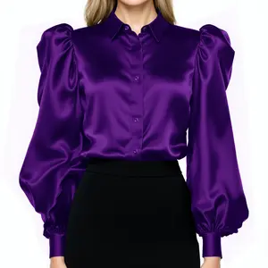 Bluish Purple - Women Satin Puff Long Sleeve Blouse Button Down Shirt Casual Party Work Wear Ladies Elegant Blouse