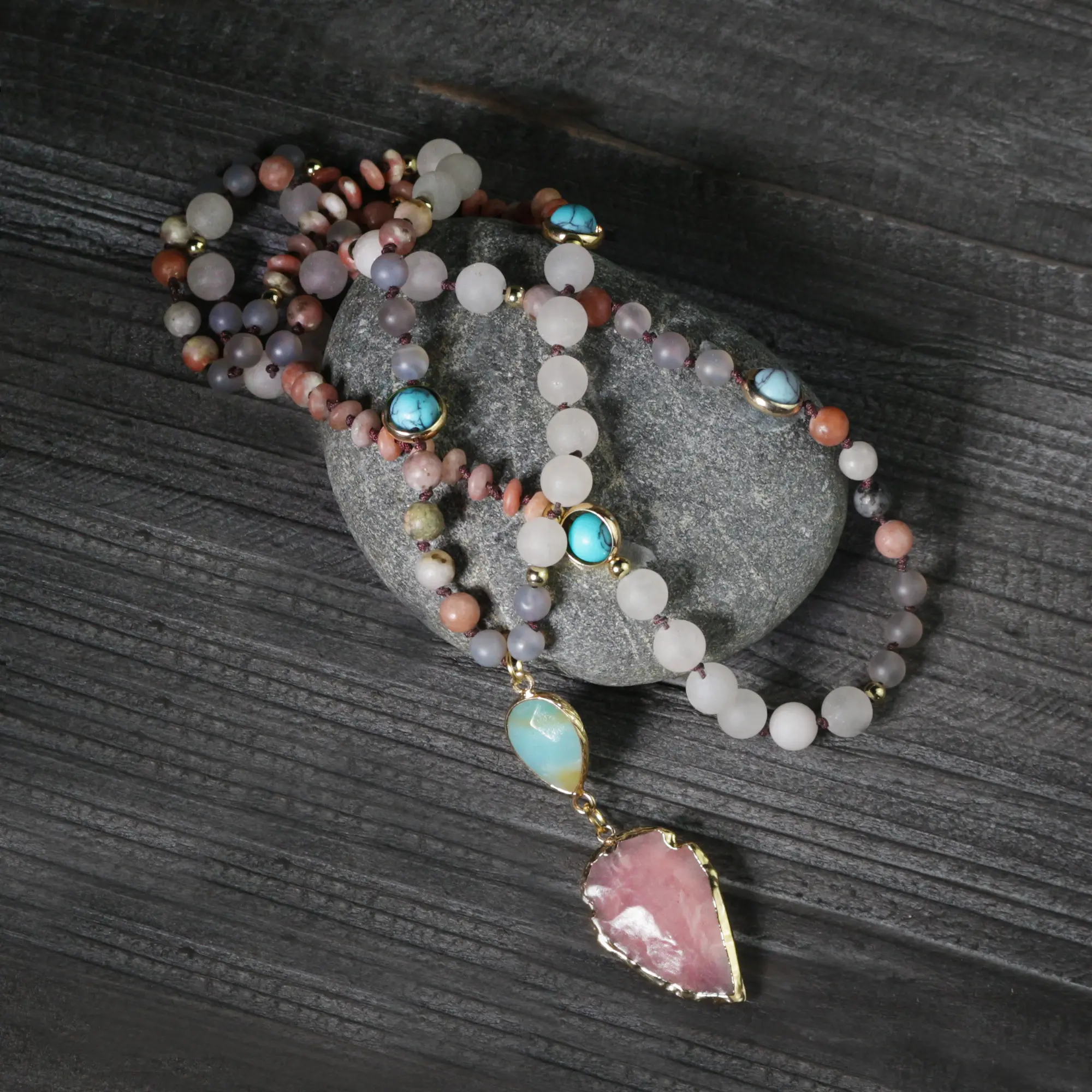 Hand Knotted 108-Bead Rose Quartz Mala Necklace with Amazonite & Turquoise, Spiritual Jewelry, Chic Natural Crystal Necklaces & Pendants, Crystal and Stone Mix Healing Gift for Men Women, Gemstone Natural Crystal Necklaces & Pendants