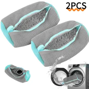 Reusable Shoe Washing Machine Bag for Washer and Dryer Durable Zipper Plush Sneaker Bag for Gym Tennis Delicate Cleaning Washable Household Item HomeGoods Mesh Organizing 2PCS