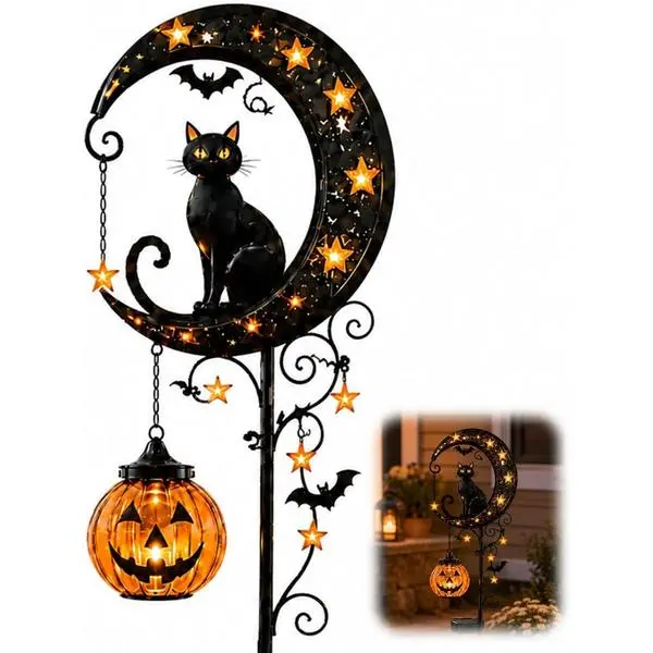 Pumpkin Moon Garden Stake Light, Solar Halloween Black Cat & Pumpkin Stake Light, Outdoor Waterproof LED Yard Decoration with Crescent Moon, Hanging Jack-o'-Lantern Lantern